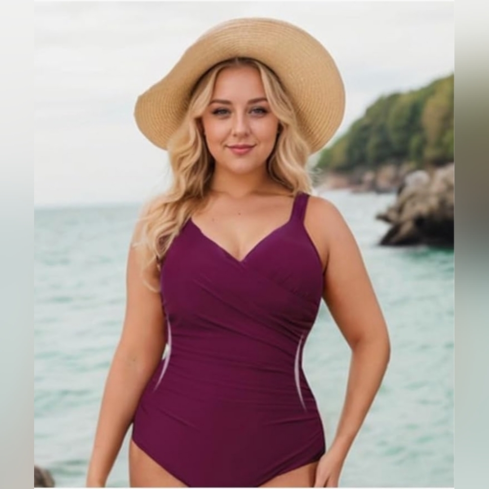 3XL Women‘s Swimsuit Plus Size Tummy Control V Neck Wine Color - Picture 4 of 7